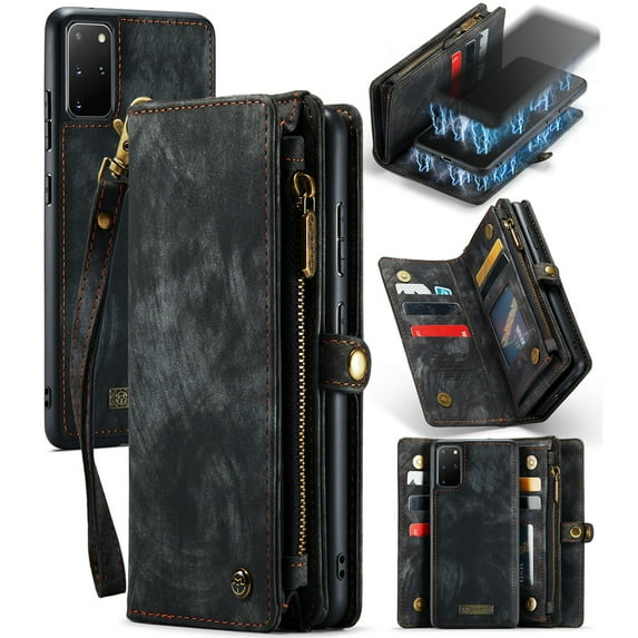 For Samsung Galaxy S20 Plus Wallet Case,Multi-Functional Retro Leather Purse Flip Cover Zipper Wallet Case with Removable Card Slots Pocket & Detachable Wrist Strap Magnetic Phone Case, Black