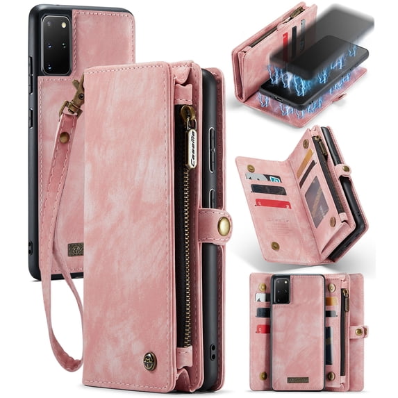 For Samsung Galaxy S20 Plus Wallet Case,Multi-Functional Retro Leather Purse Flip Cover Zipper Wallet Case with Removable Card Slots Pocket & Detachable Wrist Strap Magnetic Phone Case, Pink