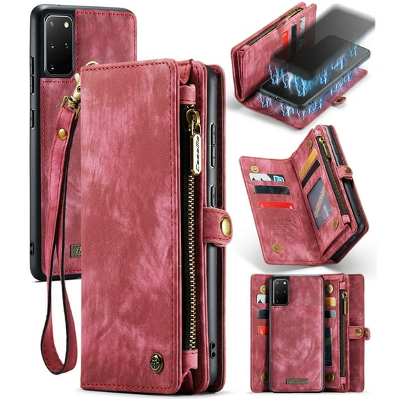 For Samsung Galaxy S20 Plus Wallet Case,Multi-Functional Retro Leather Purse Flip Cover Zipper Wallet Case with Removable Card Slots Pocket & Detachable Wrist Strap Magnetic Phone Case, Red