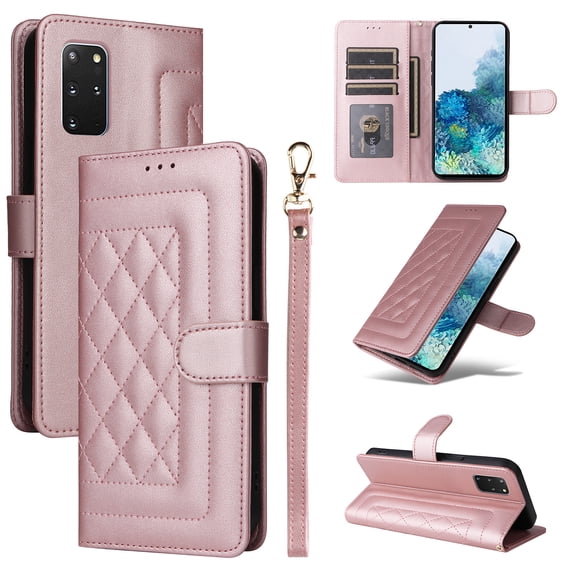 for Samsung Galaxy S20 Plus Wallet Flip Case, Classic PU Leather Card Slots with Lanyard Magnetic Closure Kickstand Drop Protective Soft TPU Inner Case Cover for Samsung Galaxy S20 Plus, Rosegold