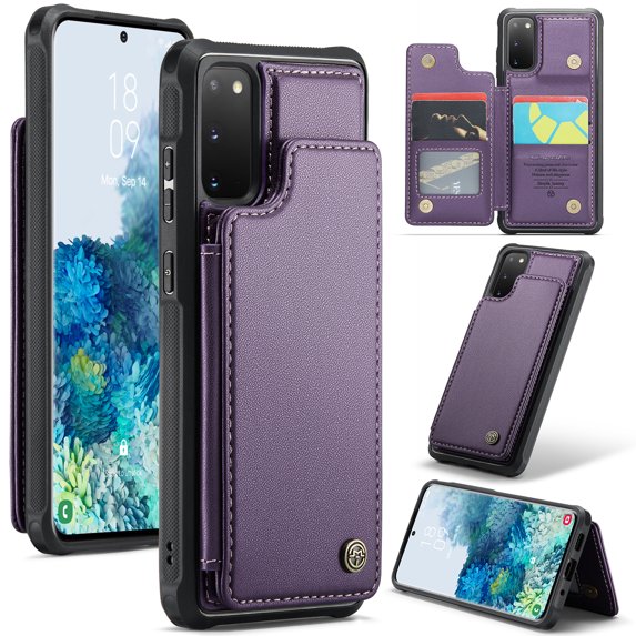 for Samsung Galaxy S20 Premium PU Leather Back Case, Multiple Card Slots Design, Double Magnetic Clasp Study Kickstand RFID Blocking Classic Phone Cover for Samsung Galaxy S20, Purple
