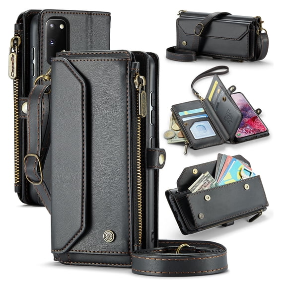 for Samsung Galaxy S20 Rugged Case, Classic PU Leather Shoulder Strap Wrist Strap Zipper Pocket RFID Blocking Wireless Charging Kickstand Case Cover for Samsung Galaxy S20, Black