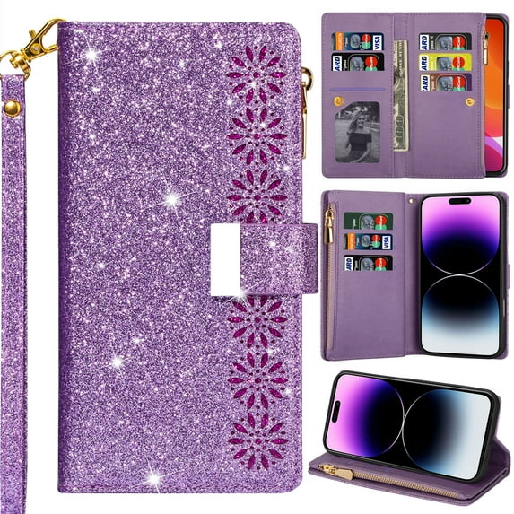 for Samsung Galaxy S20+/S20 Plus Bling Phone Case Wallet, Hollowed Out Flower Sparkly Shiny Smooth Leather Flip Cover Kickstand Zipper Pocket, 2-Layered Card Holder Slot, Magnetic Buckle, Wrist Rope