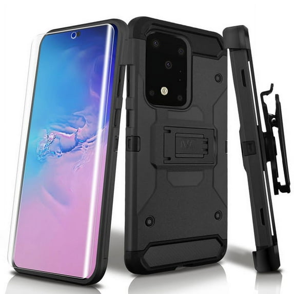 Samsung Galaxy S20 ULTRA (6.9") Phone Case Tuff Hybrid Kinetic Armor Rugged TPU Dual Layer Hard Protective Combo Swivel Belt Clip Holster + Screen Protector BLACK Cover for Samsung Galaxy S20 Ultra 5G