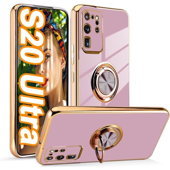 for Samsung Galaxy S20 Ultra 5G Case, Built-in 360° Rotation Ring Holder Magnetic Stand, Luxury Shiny Plating Edge Shockproof Electroplated Protective Cover (Purple/Golden)