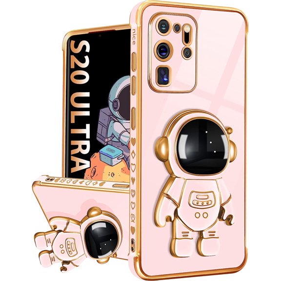 for Samsung Galaxy S20 Ultra Case with Astronaut Stand, Women Girls Galaxy S20 Ultra Cases, Girly Cute 6D Outer Space Heart Pattern Phone Cover for S20 Ultra 6.9 Inch