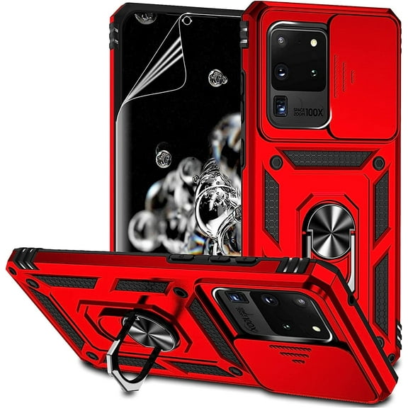 for Samsung Galaxy S20 Ultra Case with Camera Lens Cover HD Screen Protector, Military-Grade Drop Tested Magnetic Ring Holder Kickstand Protective Phone Case for Samsung Galaxy S20 Ultra 5G (Red)