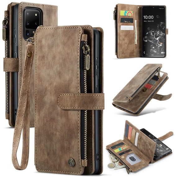 for Samsung Galaxy S20 Ultra Case Wallet for Women and Men, Samsung Galaxy S20 Ultra Case, PU Leather Magnetic Flip Strap Wristlet Zipper Card Holder Wallet Business Phone Cover for S20 Ultra, Brown