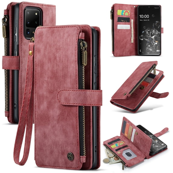 for Samsung Galaxy S20 Ultra Case Wallet for Women and Men, Samsung Galaxy S20 Ultra Case, PU Leather Magnetic Flip Strap Wristlet Zipper Card Holder Wallet Business Phone Cover for S20 Ultra, Red
