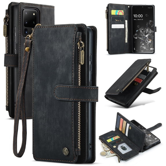 for Samsung Galaxy S20 Ultra Case Wallet for Women and Men, Samsung Galaxy S20 Ultra Case, PU Leather Magnetic Flip Strap Wristlet Zipper Card Holder Wallet Business Phone Cover for S20 Ultra, Black