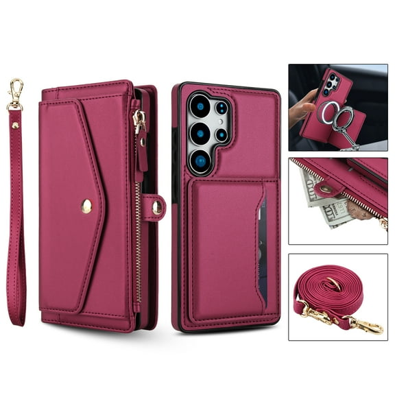 For Samsung Galaxy S20 Ultra Crossbody Wallet Phone Case,Magnetic Detachable Flip,With Shoulder Strap&Wrist Strap,Zipper Pocket,Card&Cash Slots,PU Leather Shockproof Rugged Phone Case,Red