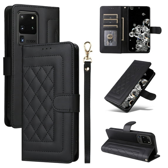 for Samsung Galaxy S20 Ultra Thin Fit Case Cover, Premium PU Leather Magnetic Wallet Flip Case with Stand Bracket Holder Flip Cover with Card Slots and Wrist Strap for Galaxy S20 Ultra - Black