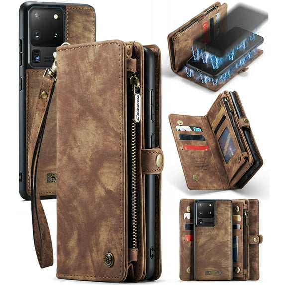 For Samsung Galaxy S20 Ultra Wallet Case,Multi-Functional Retro Leather Purse Flip Cover Zipper Wallet Case with Removable Card Slots Pocket & Detachable Wrist Strap Magnetic Phone Case, Darkbrown
