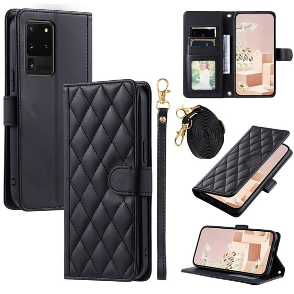 for Samsung Galaxy S20 Ultra Wallet Case, Premium PU Leather Magnetic Flip Folio Case with Wrist Strap Credit Card Holder for Women Men Crossbody Strap Case Cover for Samsung Galaxy S20 Ultra, Black