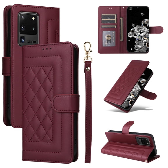 for Samsung Galaxy S20 Ultra Wallet Flip Case, Classic PU Leather Card Slots with Lanyard Magnetic Closure Kickstand Drop Protective Soft TPU Inner Case Cover for Samsung Galaxy S20 Ultra, Winered