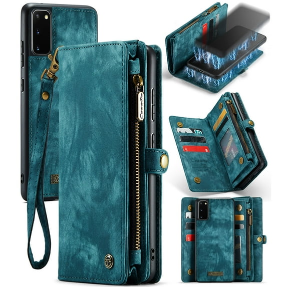 For Samsung Galaxy S20 Wallet Case,Multi-Functional Retro Leather Purse Flip Cover Zipper Wallet Case with Removable Card Slots Pocket & Detachable Wrist Strap Magnetic Phone Case, Green