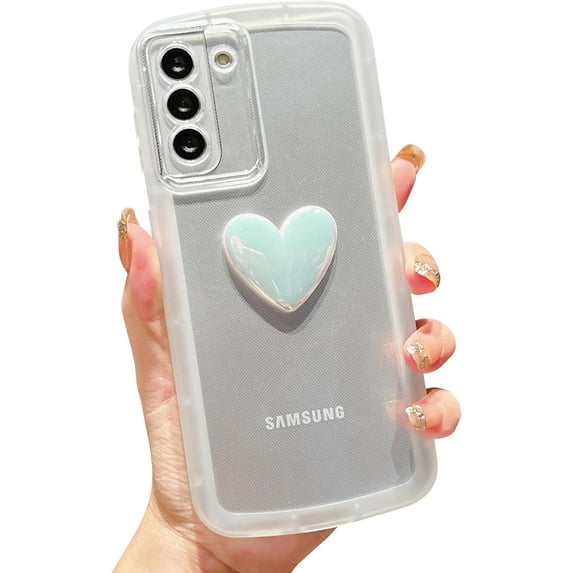 for Samsung Galaxy S21 3D Heart Clear Case Cute Galaxy S21 5G Phone Case for Women Girls Camera Lens Protection Soft Matte Bumper Protection Transparent Cover for Samsung S21 6.2 inch (White)