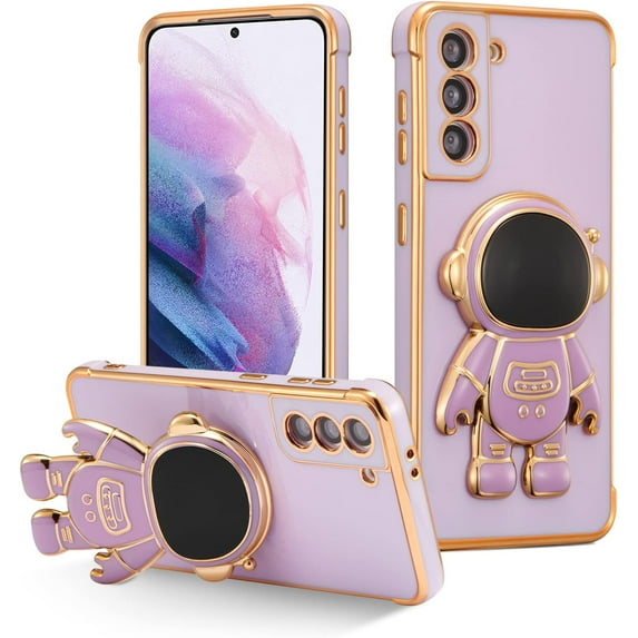 for Samsung Galaxy S21 5G Case Cute 6D Astronaut Case with Stand Function Luxury Plating Case Cover Slim Fit Soft TPU Shockproof Bumper Protective Electroplated Case for Girls Boys,Purple