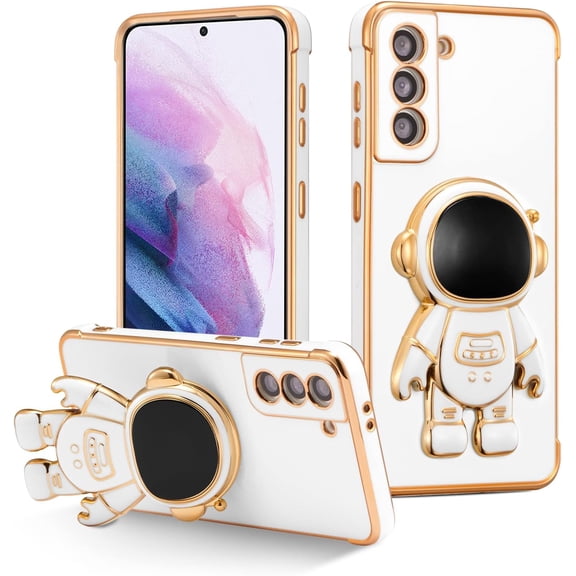 for Samsung Galaxy S21 5G Case Cute 6D Astronaut Case with Stand Function Luxury Plating Case Cover Slim Fit Soft TPU Shockproof Bumper Protective Electroplated Case for Girls Boys,White