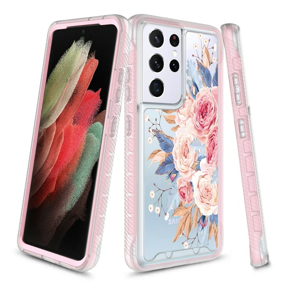 Samsung Galaxy S21 5G Case, Rosebono Graphic Design Shockproof Impact Resistant Protective Full-Body Rugged Clear Hybrid Bumper Case for Samsung Galaxy S21 5G (Pink Flower)