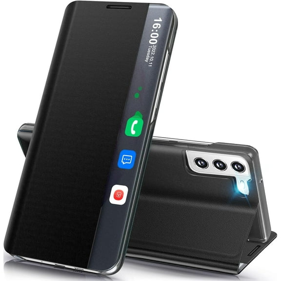 for Samsung Galaxy S21 5G Case View Clear Smart Window Leather for Samsung S21 Case Slim Mirror Hard PC Kickstand Luxury Flip Shockproof Galaxy S21 Cover Protective (Black)