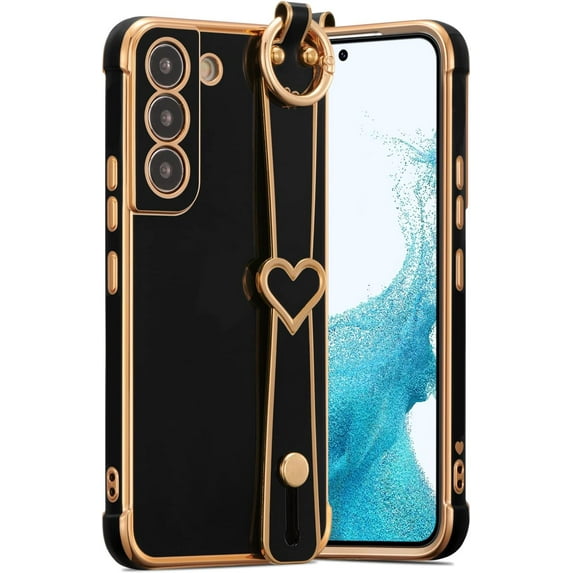 for Samsung Galaxy S21 5G Case with Wristband Kickstand Plating Case Cover Slim Glossy Bling Phone Case Soft TPU Shockproof Bumper Case Luxury Electroplated Case,Black