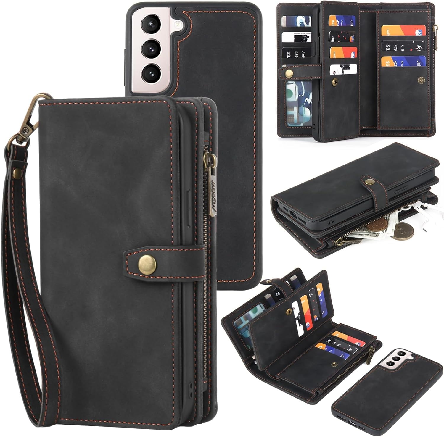 for Samsung Galaxy S21 5G Wallet Case, Detachable PU Leather Magnetic Flip Phone Case Wallet with Card Holder Wrist Strap Zipper Wallet for Women/Men, S21 5G Phone Case 6.2inch(Blcak)