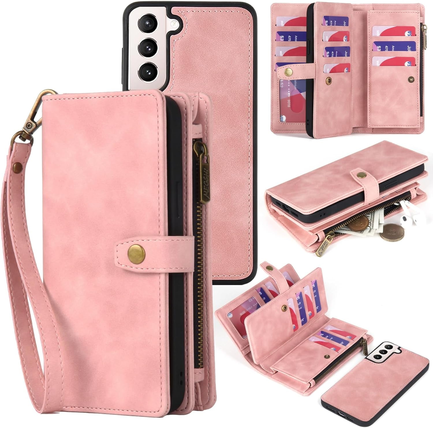 for Samsung Galaxy S21 5G Wallet Case, Detachable PU Leather Magnetic flip Phone Case Wallet with Card Holder Wrist Strap Zipper Wallet for Women/Men, S21 5G Phone Case 6.2inch(Pink)