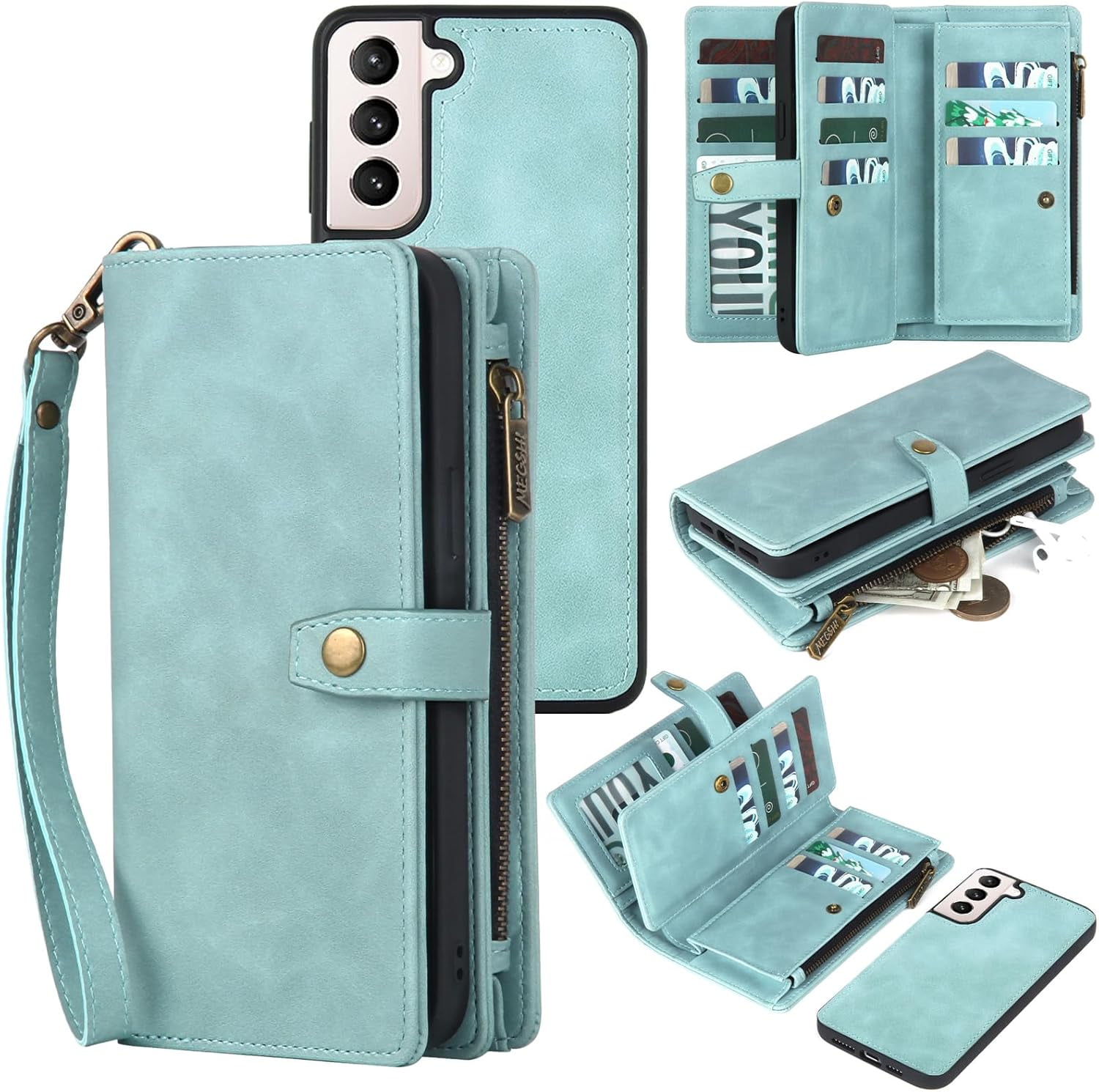 for Samsung Galaxy S21 5G Wallet Case, Detachable PU Leather Magnetic flip Phone Case Wallet with Card Holder Wrist Strap Zipper Wallet for Women/Men, S21 5G Phone Case 6.2inch(Blue)