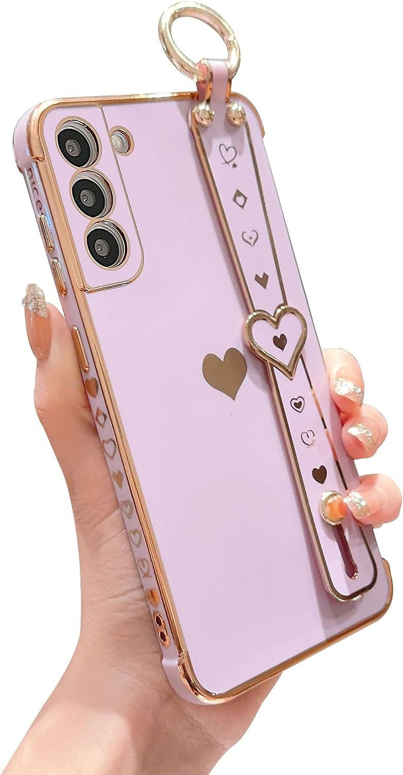 Samsung Galaxy S21 5g Phone Case with Cute Love Heart Adjustable Wrist  Strap Kickstand Luxury Plating Aesthetic Side Heart Cover Soft Silicone