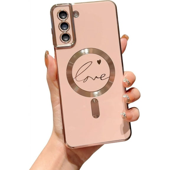 Samsung Galaxy S21 5g Phone Case Compatible with Magsafe Luxury Plating Cute Love Heart Case for Women Gril Soft Silicone Magnetic Shockproof Bumper for Galaxy S21 inch (Pink)