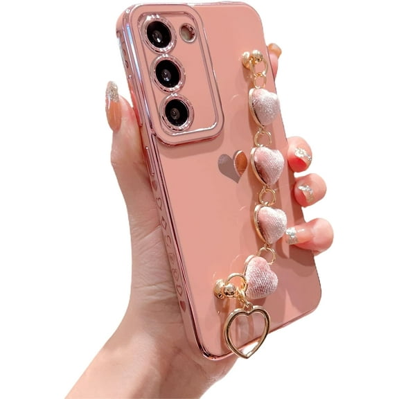 Samsung Galaxy S21 5g Phone Case with Heart Bracelet Chain Strap Luxury Plating Cute Love Hearts Cover with Aesthetic Hearts Hand Chain for Women Camera Protection Shockproof Bumper (Pink)