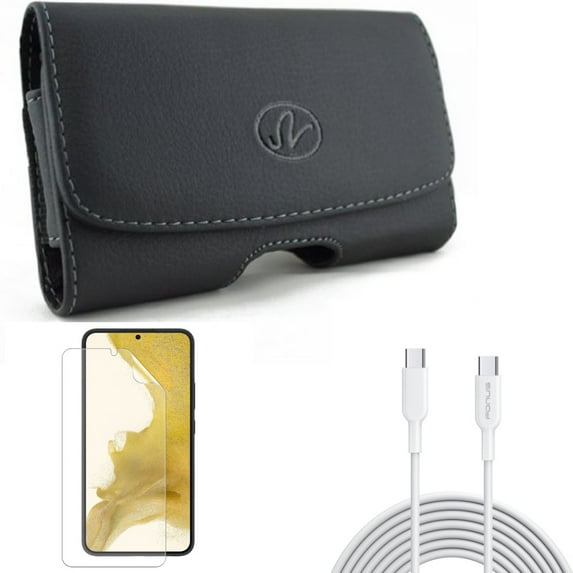 For Samsung Galaxy S21 (6.2") - Anti-Glare TPU Film Matte Screen Protector + PD Fast Charger Cord 10ft Long Type-C Cable + Swivel Leather Case Belt Clip