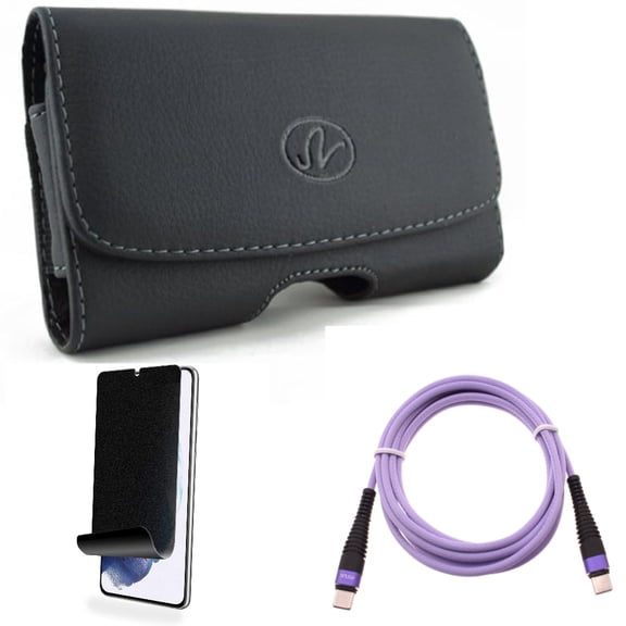 For Samsung Galaxy S21 (6.2") - [Fingerprint Works] TPU Film Privacy Screen Protector + Long Charger Cord Type-C to USB-C Purple 6ft PD Cable + Swivel Leather Case Belt Clip
