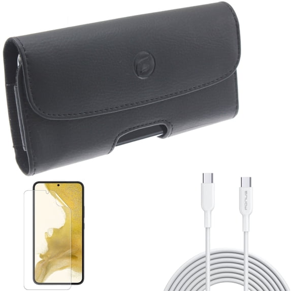 For Samsung Galaxy S21 (6.2") - Holster Leather Case Belt Clip + Anti-Glare TPU Film Matte Screen Protector + PD Fast Charger Cord 10ft Long Type-C Cable