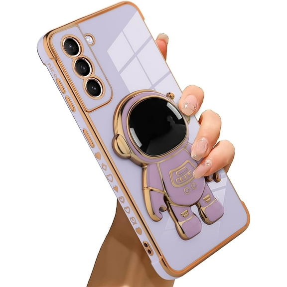 for Samsung Galaxy S21 Case Astronaut Plating Electroplate Luxury Elegant Case Camera Protector Kickstand Shockproof Protective Corner Back Cover Galaxy S21 Case -Purple