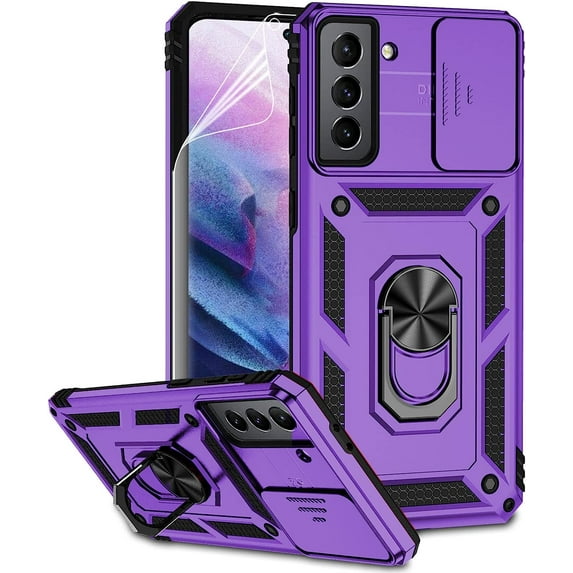 for Samsung Galaxy S21 Case with Camera Lens Cover HD Screen Protector, Dual Layer Military-Grade Drop Tested Magnetic Ring Holder Kickstand Protective Phone Case for Samsung Galaxy S21 5G (Purple)