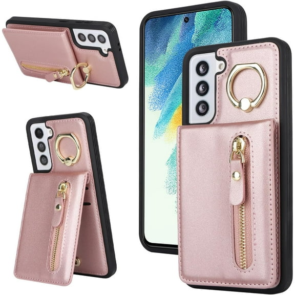 Samsung Galaxy S21 Case with Card Holder for Women, Samsung Galaxy S21 Phone Case Wallet with Credit Card with Ring Kickstand Zipper Slim Stand Case - Rose Gold