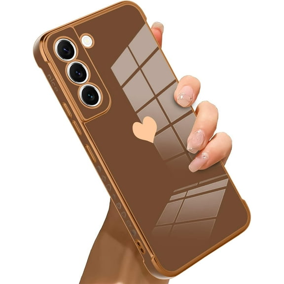 for Samsung Galaxy S21 Case Love Heart Plating Electroplate Luxury Elegant Case Camera Protector Soft TPU Shockproof Protective Corner Back Cover Galaxy S21 Case -Brown