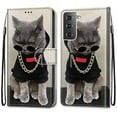 thumbnail image 1 of For Samsung Galaxy S21 Case, Mantto Magnetic PU Leather Phone Case With Hand Rope Strap Cute Pattern Painted Flip Credit/ ID Card Wallet Slots Stand, Cool Cat, 1 of 8