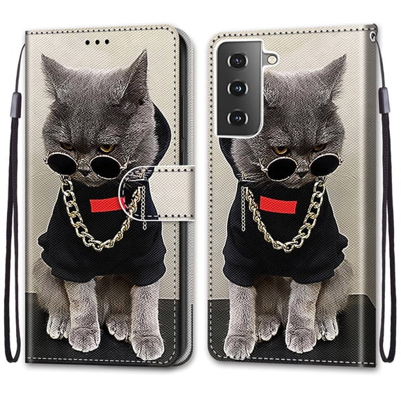 For Samsung Galaxy S21 Case, Mantto Magnetic PU Leather Phone Case With Hand Rope Strap Cute Pattern Painted Flip Credit/ ID Card Wallet Slots Stand, Cool Cat