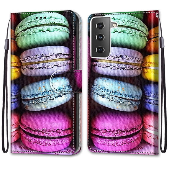 For Samsung Galaxy S21 Case, Mantto Magnetic PU Leather Phone Case With Hand Rope Strap Cute Pattern Painted Flip Credit/ ID Card Wallet Slots Stand, Layer Cake