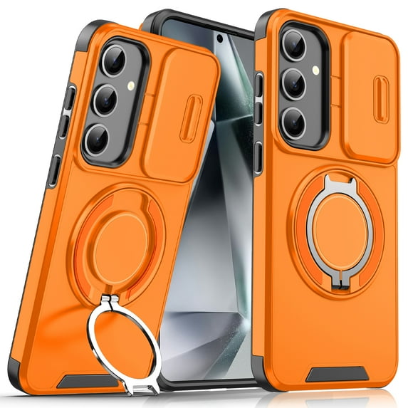 for Samsung Galaxy S21 Case, Military Grade Shockproof Bumper Rugged Rotating Stand Ring Holder Anti-Scratch Magnetic Cover Compatible with Car Mount Case for Samsung Galaxy S21, Orange