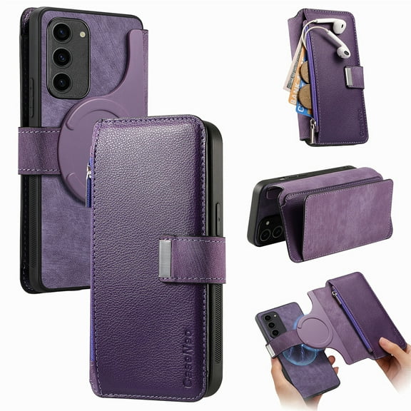 for Samsung Galaxy S21 Case Wallet, Detachable Magnetic 2-in-1 Wallet Flip Case for Women Men with RFID Blocking Card Slots Zipper Pocket Kickstand PU Leather Cover for Galaxy S21, Purple