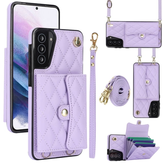 for Samsung Galaxy S21 Case, Wallet Phone PU Leather Case with Card Holder Crossbody Cover for Women Girls Strap Wristlet RFID Blocking Shockproof Protective Cover for Samsung S21, Violet