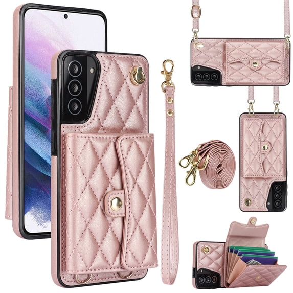 for Samsung Galaxy S21 Case, Wallet Phone PU Leather Case with Card Holder Crossbody Cover for Women Girls Strap Wristlet RFID Blocking Shockproof Protective Cover for Samsung S21,Rosegold