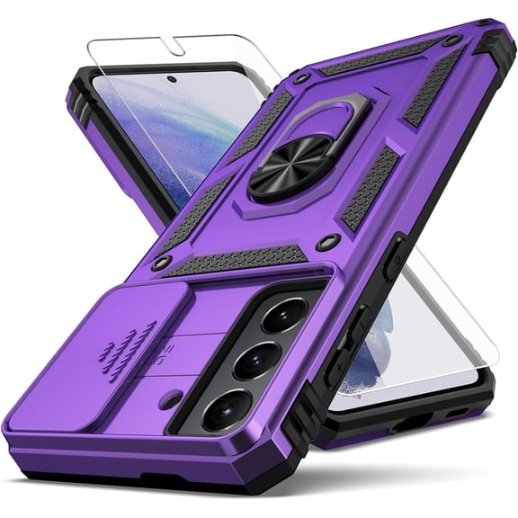 for Samsung Galaxy S21 Case,with Camera Lens Cover HD Screen Protector,[Military Grade] Ring Car Mount Kickstand Hybrid Hard PC Soft TPU Shockproof Protective Case for Galaxy S21, Purple
