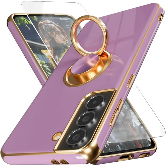 for Samsung Galaxy S21 Case,with Screen Protector, Built-in 360° Rotation Ring Holder Magnetic Kickstand, Plating Gold Edge Soft TPU Shockproof Protective Case for Galaxy S21 6.2 inch, Purple