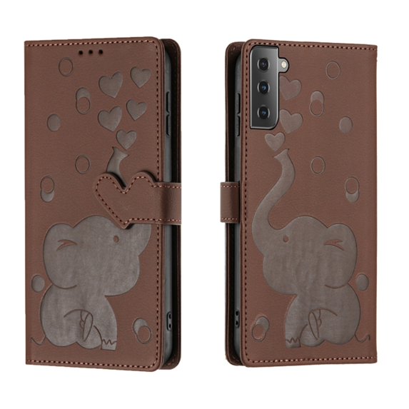 For Samsung Galaxy S21 FE 5G 6.4" Cartoon Elephant Embossed Strong Magnetic Attachment/Closure, Card Slots/Pocket, With Hand Strap,PU Leather Flip Wallet Case ,Brown,For Galaxy S21 FE 5G