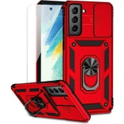 for Samsung Galaxy S21 FE 5G Case with Camera Lens Cover HD Screen Protector, Military-Grade Drop Tested Magnetic Ring Holder Kickstand Protective Phone Case for Samsung Galaxy S21 FE 5G (Red )